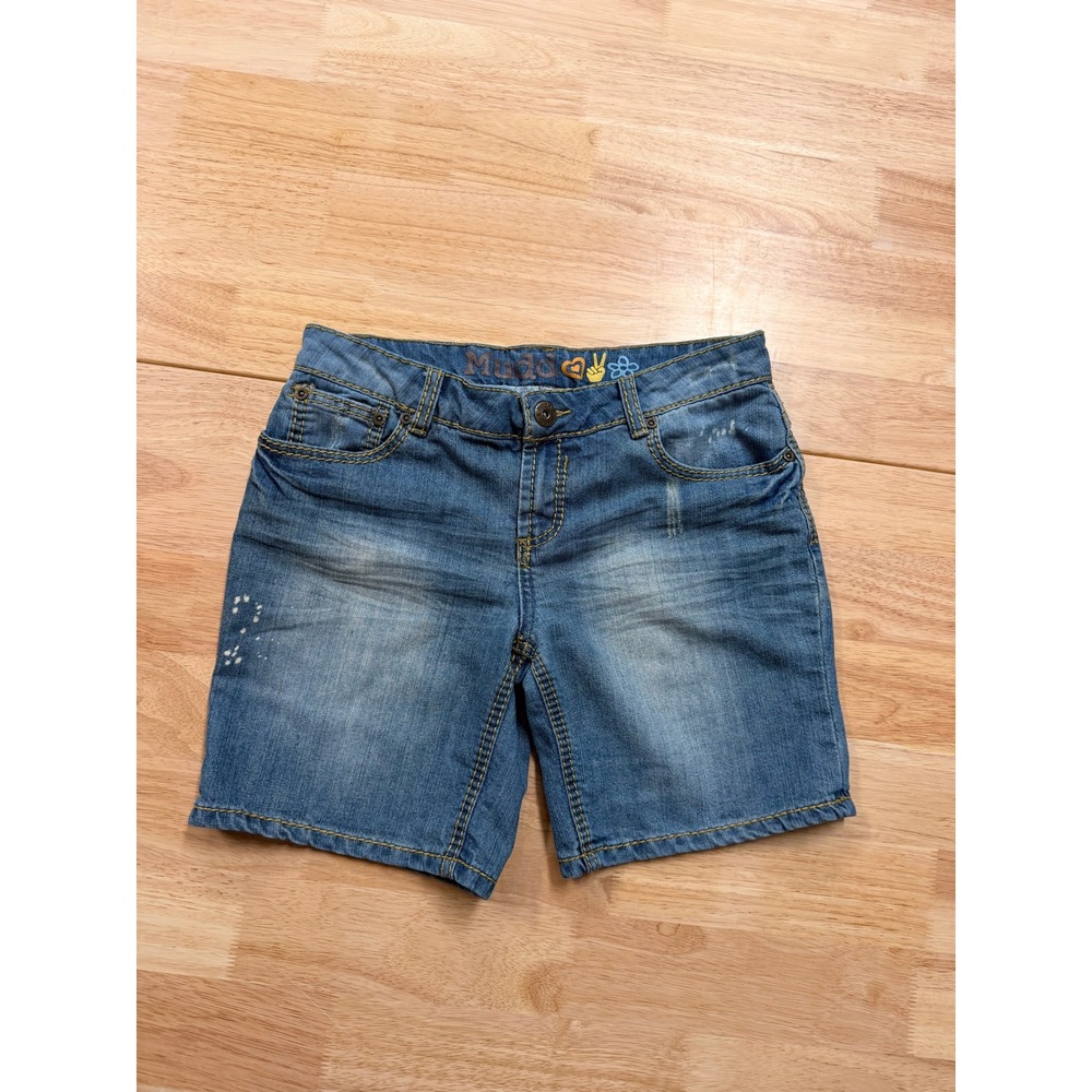 Mudd Women's Denim Shorts Medium Wash Distressed Contrast Stitch Size 5